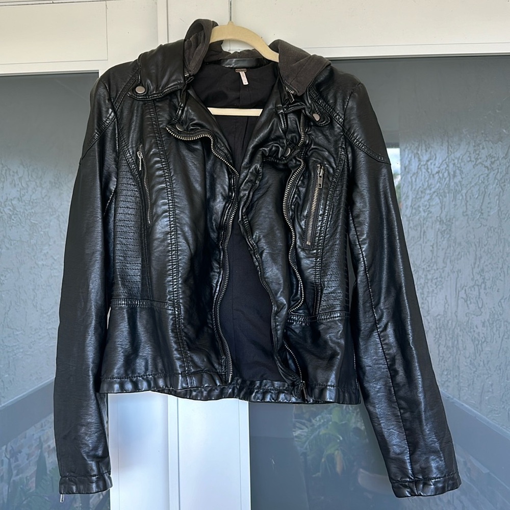 Free People Leather Jacket with detachable hood